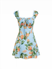 Fruit Print Ruched Knotted Square Neckline A-line Mini Dress
