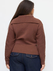 Cable Knit Collar Long Sleeve Cinched Waist Sweater Curve & Plus