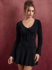 Knit V-neck Bowknot Ruffle Hem Winter Mini Dress