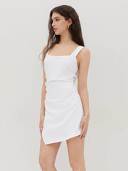 Square Neck Ruched Asymmetrical Hem Mini Dress