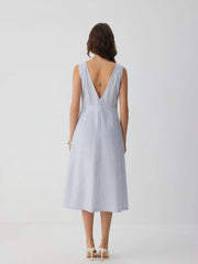 Linen-blend Stripe V-neck A-line Maxi Dress