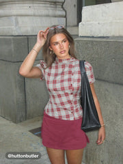Plaid Stand Collar Puff Sleeve Tie Back Button Blouse
