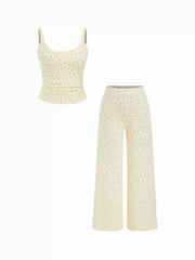 Cotton-blend Ditsy Floral U-neckline Ruched Top & Mid Rise Straight Leg Trousers Set