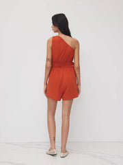 Asymmetrical Neckline Metal Detail Drawstring Knotted Romper
