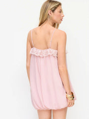 Square Neck Lace Panel Ruffled Mid Rise Bubble Hem Romper