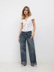 Middle Waist Solid Button Wide Leg Jeans