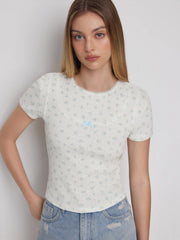 Cotton-blend Textured Ditsy Flora Bowknot Short Sleeve Top