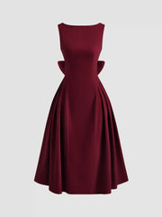 Velvet Boat Neck Bowknot Backless Midi Dress
