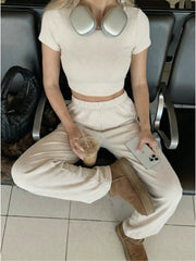 Knitted Short Sleeve Crop Top & Wide Leg Trousers Set