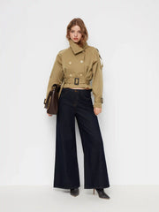 Funnel Collar Double Breasted Trench Coat With Belt