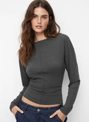 Boat Neck Batwing Sleeve Ruched Cinched Waist Top