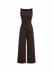 Boat Neck Ruched Asymmetrical Hem Wide Leg Jumpsuit