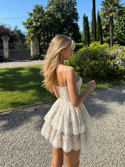 Lace Textured Sculptural Sweetheart Neck Layered Bowknot Tiered Mini Dress