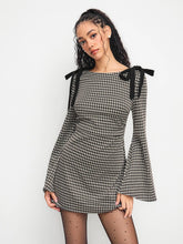 Cotton-blend Boat Neck Gingham Bowknot Ruched Mini Dress