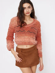 Knit V-neck Hollow Out Long Sleeve Crop Top