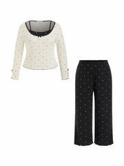 Round Neckline Polka Dot Bowknot Top & Mid Rise Lettuce Trim Straight Leg Trousers Loungewear Set Curve & Plus