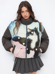 Cat Graphic Stand Collar Polka Dot Drawstring Zip Through Puffer