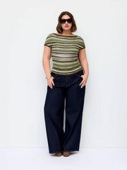 Knit Striped Pointelle Boat Neck Short Sleeve Top Curve & Plus