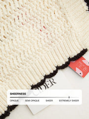 Knit Crochet Polo Collar Tie Front Bow Contrasting Binding Hollow Out Cardigan
