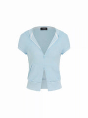 Cotton-blend Terry Hooded Short Sleeve Zip Through Pocket Tee