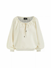 Cotton-blend U-neckline Drawstring Lantern Sleeve Oversized Sweatshirt