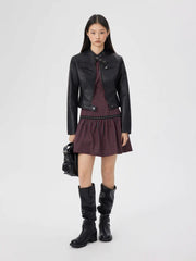 Cotton-blend Round Neck Plaid Studded A-line Mini Dress
