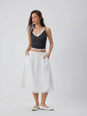 Cotton-blend Mid Rise Lace Trim A-line Maxi Skirt