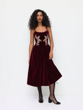 Velvet U-neckline Floral Embroidery Midi Dress
