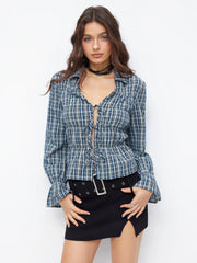 Cotton-blend V-neck Ruffle Sleeve Plaid Tie Front Shirred Blouse