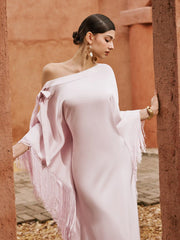 Satin Asymmetrical Neck Cloak Sleeve Fringe Oversized Maxi Dress