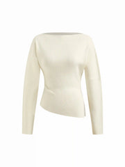 Knit Boat Neck Asymmetrical Hem Split Long Sleeve Top