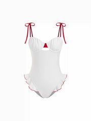Sweetheart Cut Out Ruffle Hem Contrasting Trim One-piece Swimsuit