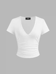 Cotton-blend V-neck Ruched Short Sleeve Tee