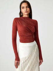 Stand Collar Ruched Long Sleeve Tee