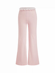 Cotton-blend V-neck Pointelle Tie Front Top & High Rise Lace Trim Bowknot Flare Trousers Loungewear Set
