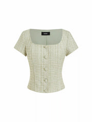 Tweed Square Neck Checks Top & Mid Rise Mini Skirt Set
