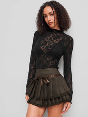 Lace High Neck Lettuce Trim Long Sleeve Top