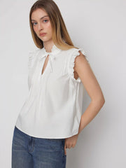 Cotton-blend Stand Collar Lace Panel Ruffled Oversized Blouse Oversized
