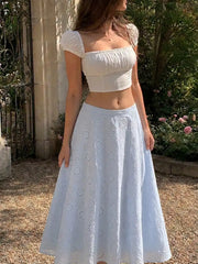 Jacquard Floral Broderie Anglaise Textured A-line Mid Rise Maxi Skirt