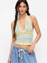 Knit Striped Halter Neck Cut Out Crop Top