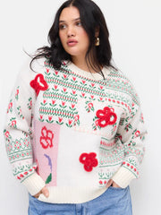 Knit Round Neckline Floral Patched Long Sleeve Top Curve & Plus