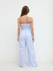Cotton-blend Stripe Ruched Shirred Fold Over Bandeau Jumpsuit