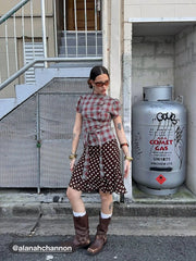 Plaid Stand Collar Puff Sleeve Tie Back Button Blouse