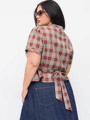 Plaid Stand Collar Puff Sleeve Tie Back Button Blouse Curve & Plus