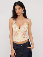 Mesh V-neck Floral Lace Trim Bowknot Cami Top