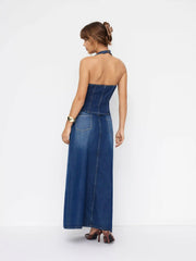 Denim Halter V-neck Split Front Top