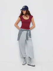 Cotton-blend U-neckline Ruched Tee