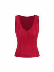 Jacquard V-Neck Button Front Slim Crop Top