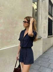 Striped Collar Mid Rise Pleated Romper