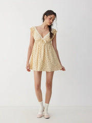 Cotton-blend Floral V-neck Textured Lace Trim Bowknot Babydoll Mini Dress